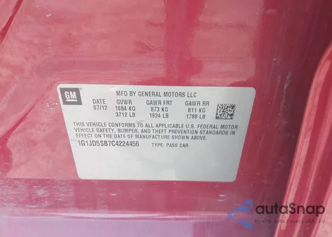 2012 Chevrolet Sonic Lt из США, поврежденный, VIN 1G1JD5SB7C4224456